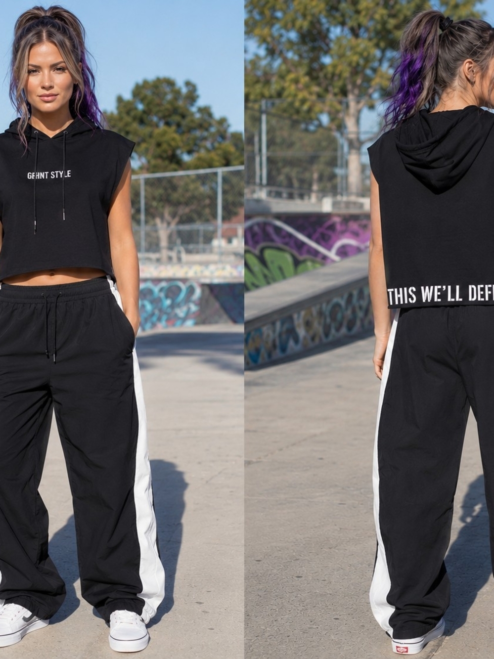 Grunt Style Black Cropped Hoodie with White Side Stripe